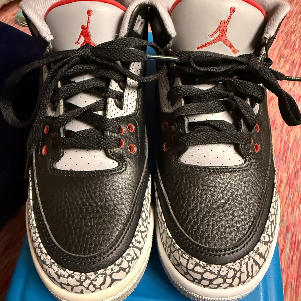 Jordan Retro 3 Cement Big Kids Black and White Sneakers with Red Accents